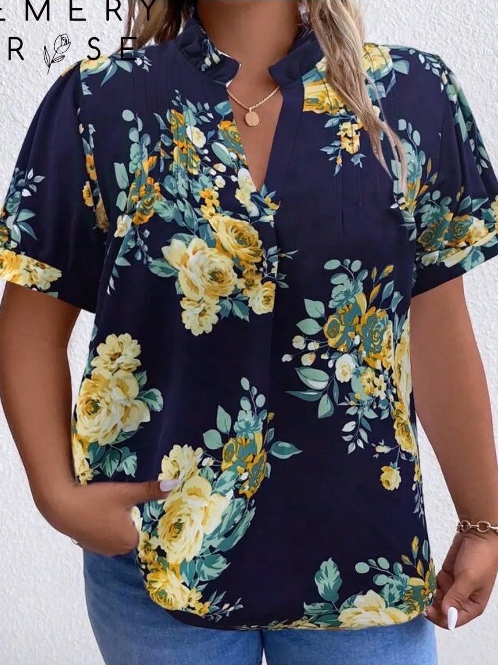 SHEIN Navy Floral Split-Neck Short Sleeve Blouse